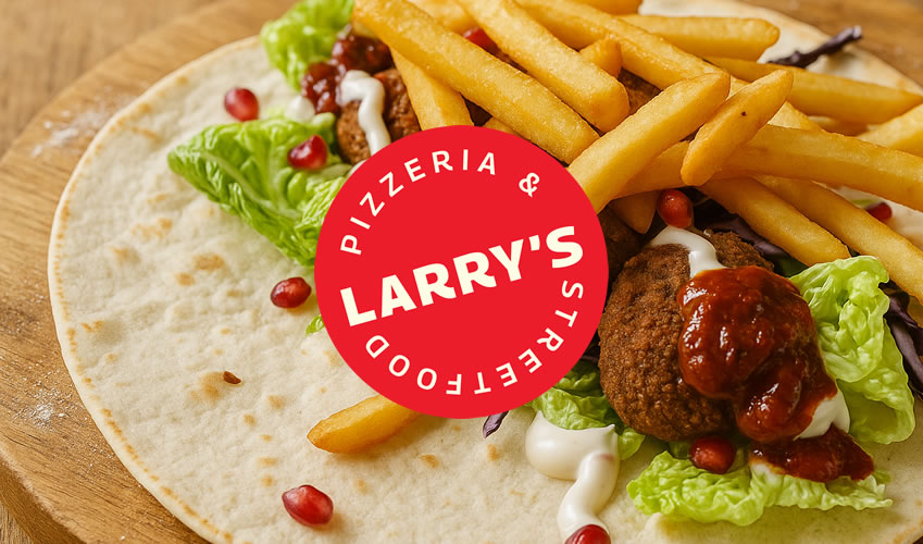 flafel Flatbread with Larry's street food sticker over the top