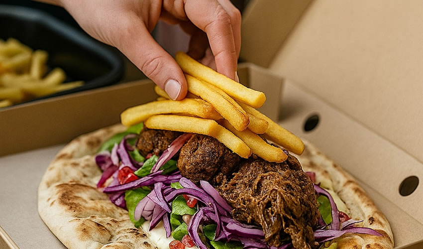 close up of lamb flatbread with hand picking up chips from the top