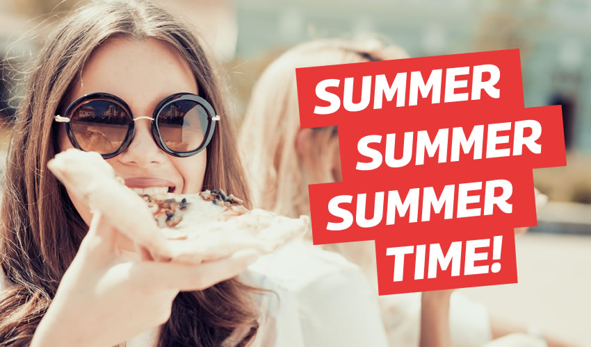 Summer time at Larry's - person wearing sunglasses eating a piece of pizza