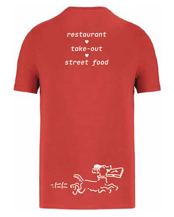 Larry's t-shirt, back view in paprika