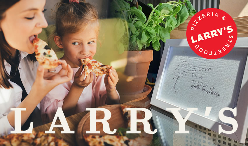 Family enjoying pizza, making memories at Larry's